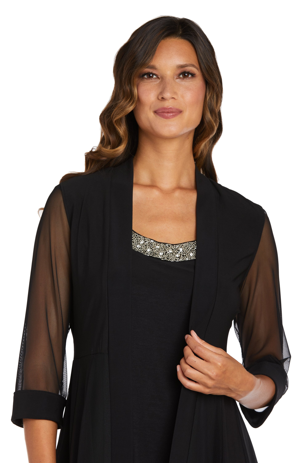 Two-Piece Dress with Beaded Neckline and Jacket with Sheer Sleeves E713