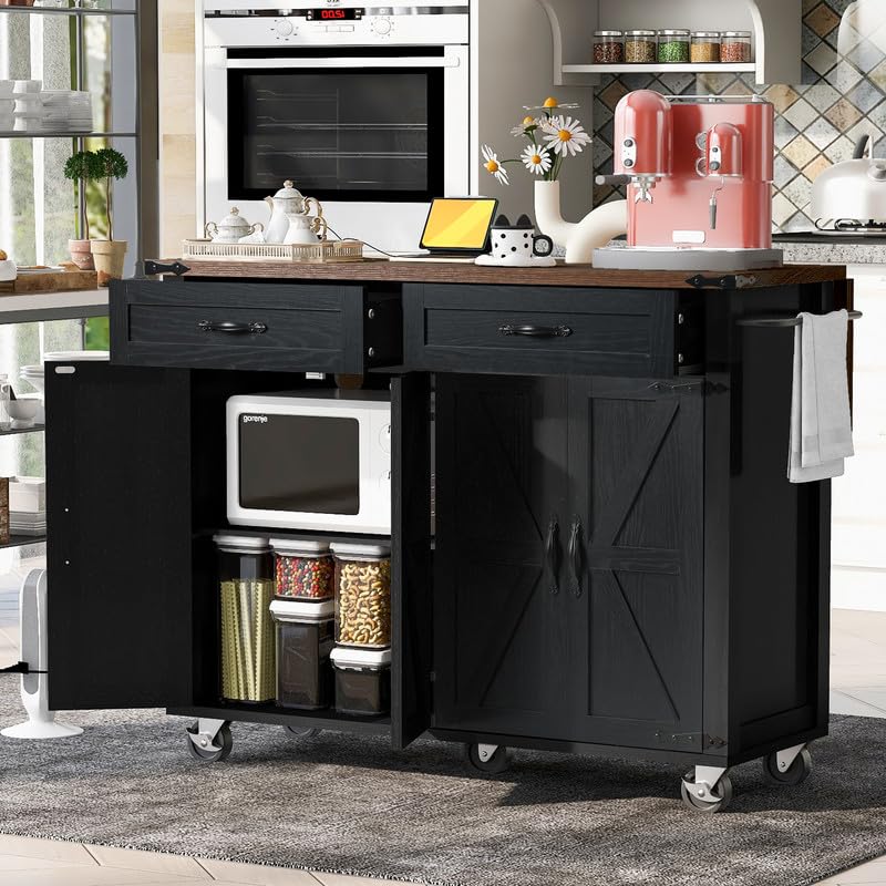 Black Farmhouse Kitchen Island with Power Outlet and Drop Leaf P183