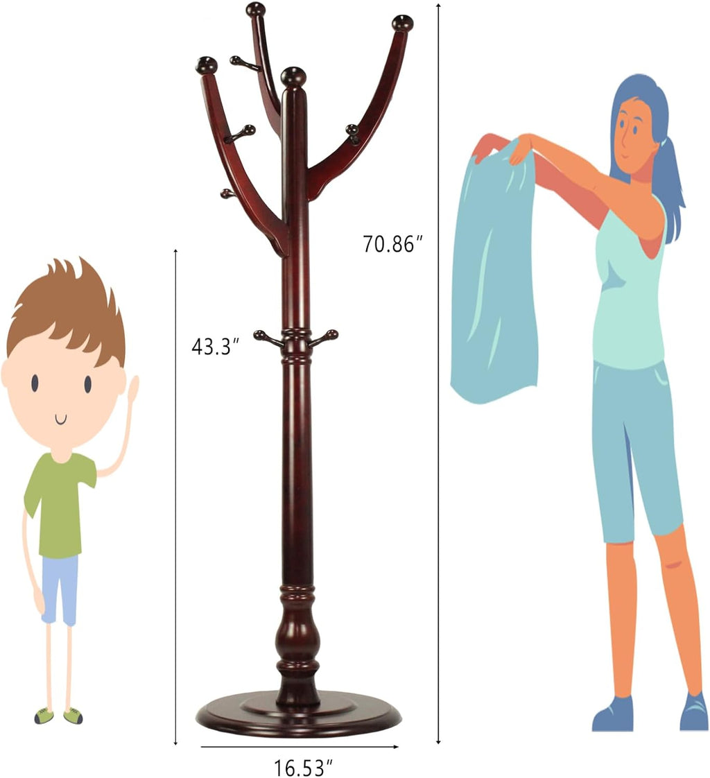 Freestanding Wood Coat Rack with 11 Hooks J93574