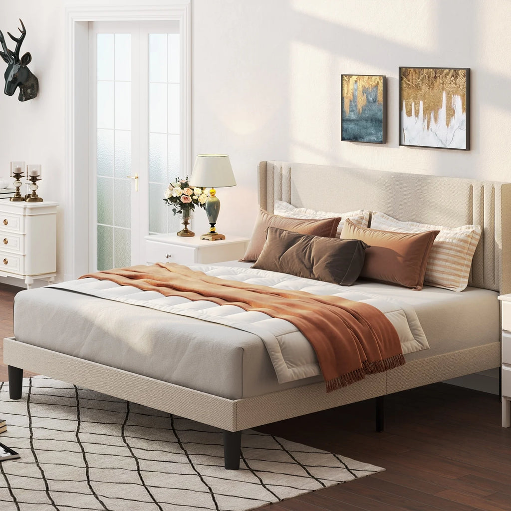 Queen Full Wingback Platform Bed Frame with Under-bed Storage Beige X1782