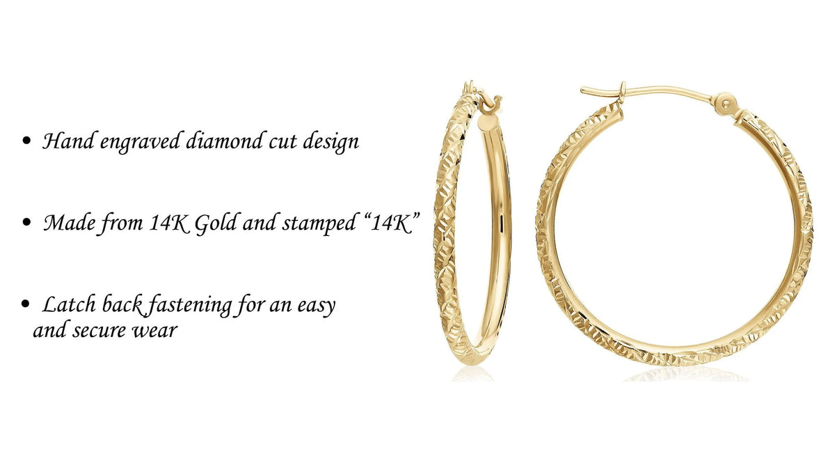 14K Yellow Gold Round Hoop Earrings with Diamond-Cut Engraving, 25mm U28802