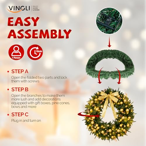 48 Inch Pre-lit Artificial Christmas Wreath with 150 LED Lights and 450 PVC Branch Tips K393531