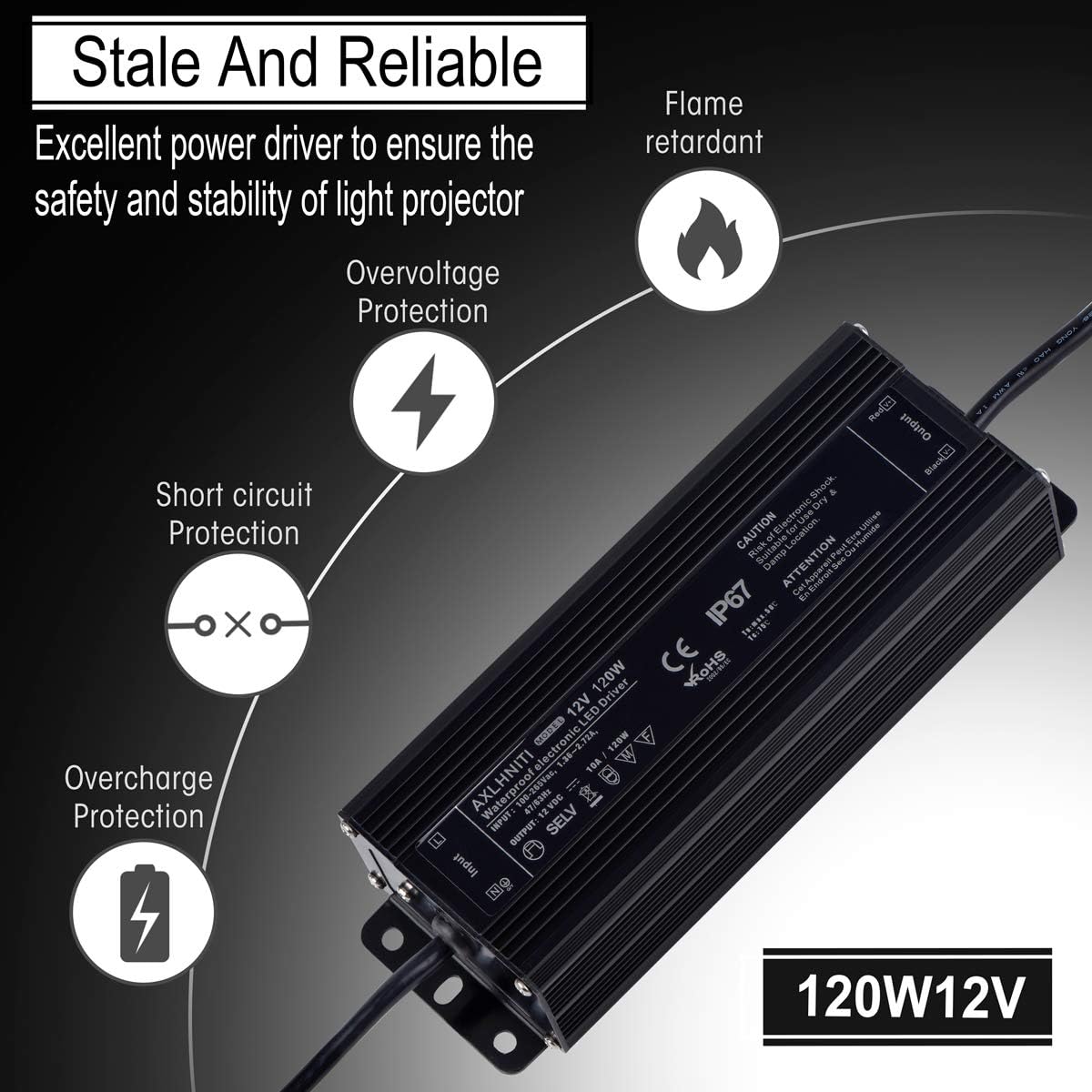 LED Driver 120W 12V DC Waterproof IP67 LED Power Supply with 3-Prong Plug 3.3 Feet Cable G72651