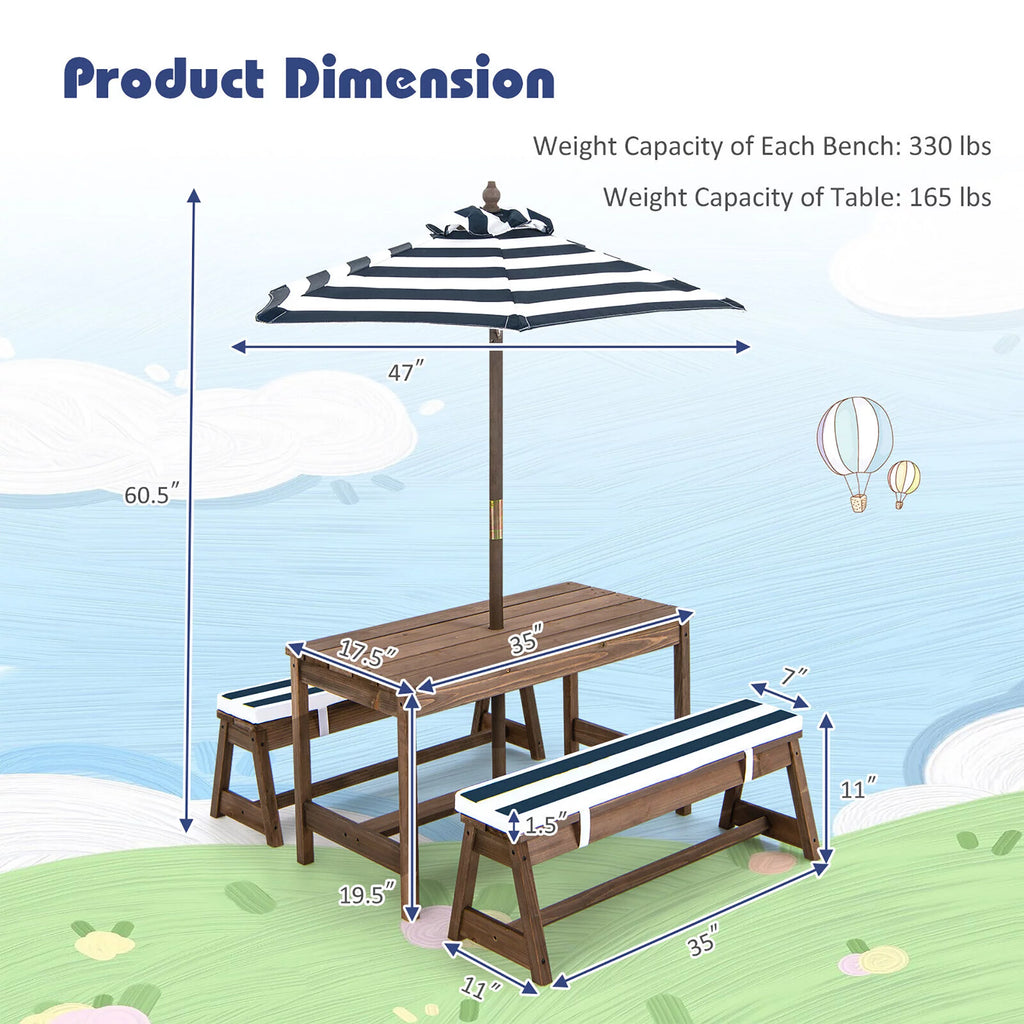 Kids Wood Picnic Table and Bench Set with Cushions Umbrella N3977