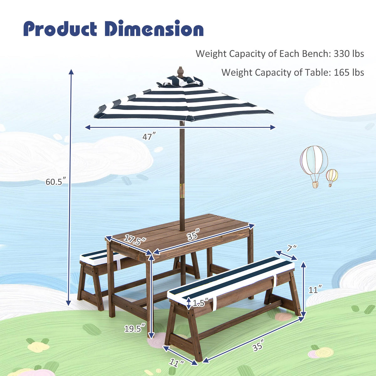 Kids Wood Picnic Table and Bench Set with Cushions Umbrella N3977