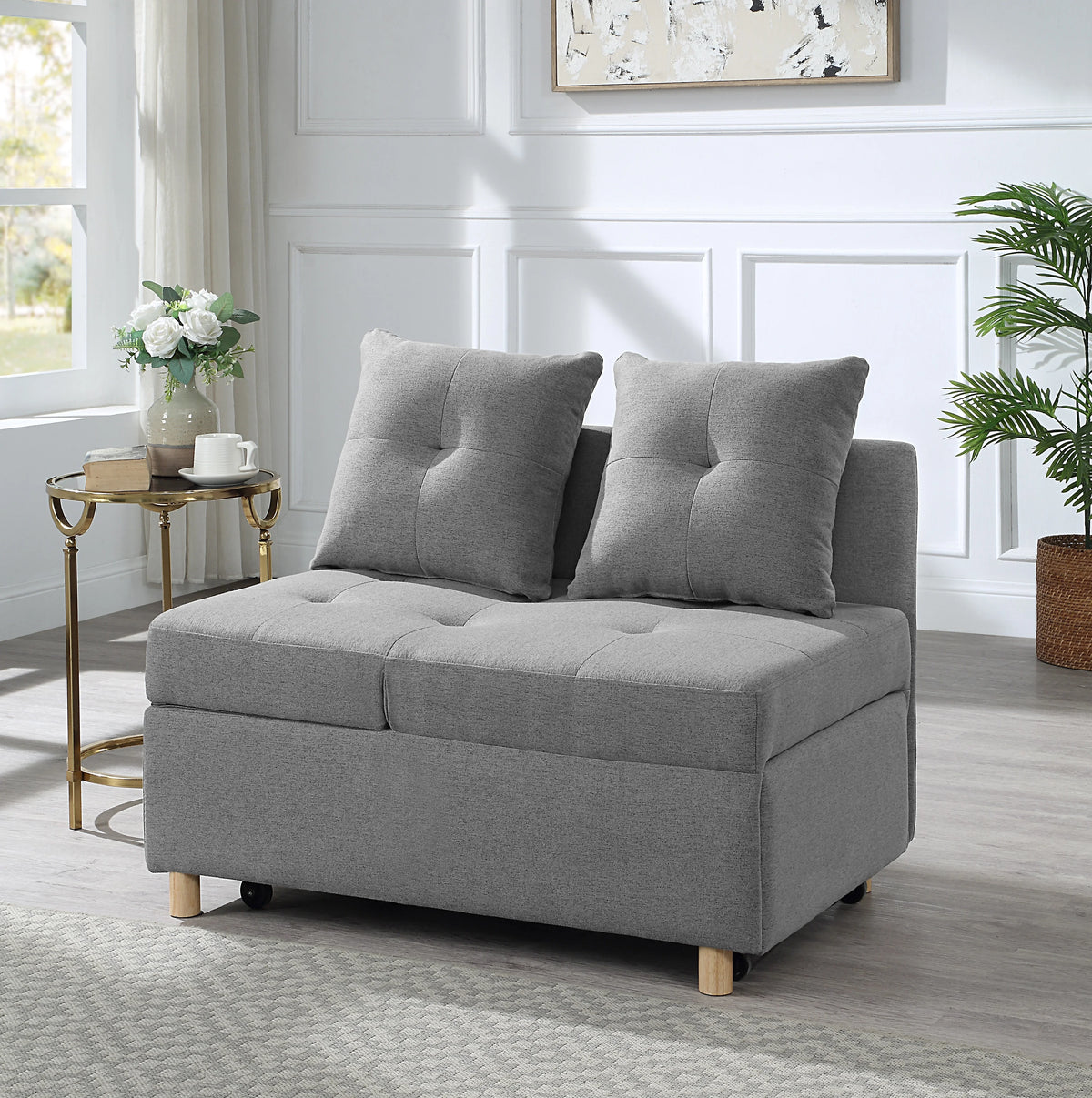 Single Sofa Bed with Pullout Sleeper, Gray Fabric Q37636