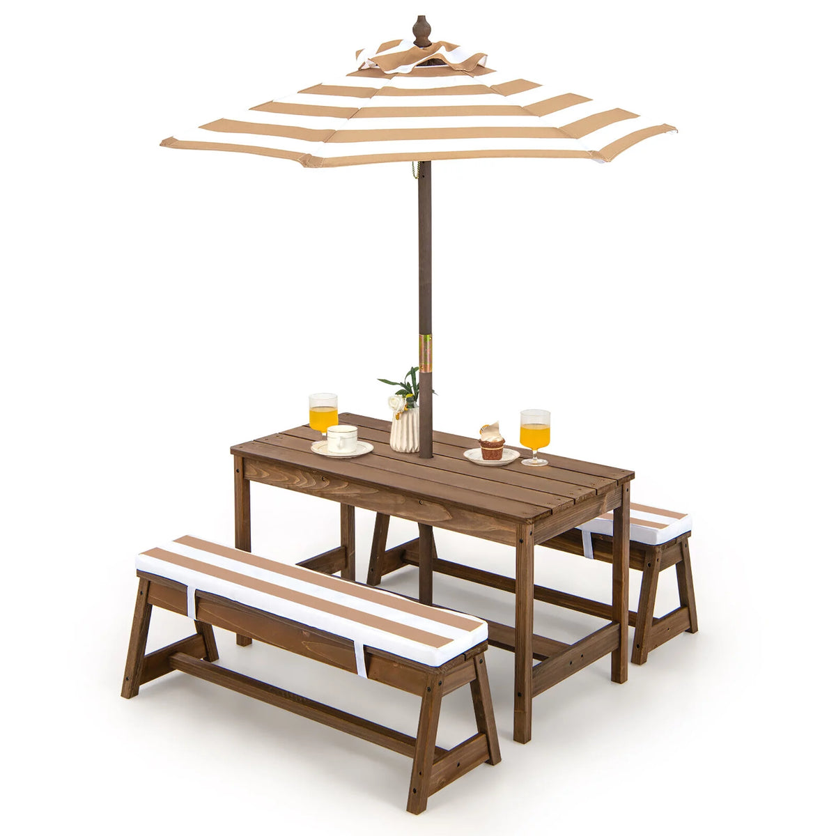 Kids Wood Picnic Table and Bench Set with Cushions Umbrella N3977