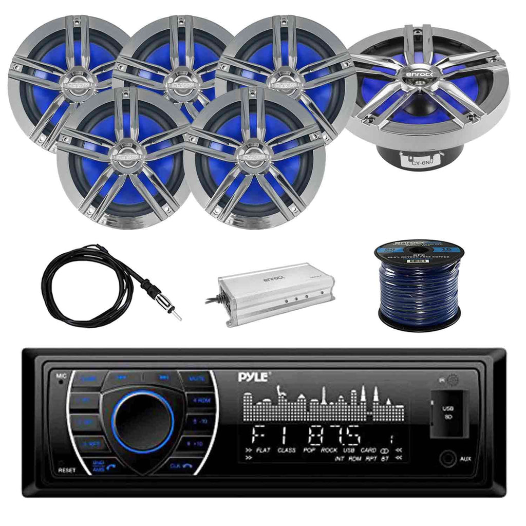 Marine Receiver Stereo with 2-Way 180W 6.5" Loud-SPKR, 3-Pairs, Antenna, 4-Chan Amplifier & 50' 16G SPKR Wire H267270