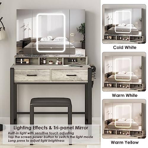 Vanity Desk with Lighted Tri-Fold Mirror and 2 Drawers R205348