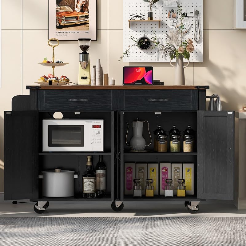 Black Farmhouse Kitchen Island with Power Outlet and Drop Leaf P183