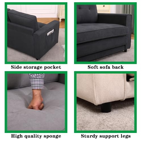Dark Grey 3 in 1 Upholstered Convertible Futon Sofa Bed with Side Pockets T180