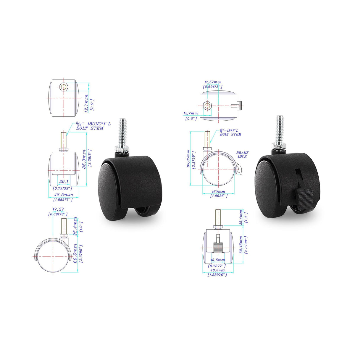 2" Swivel Hooded Twin Casters with Brakes O86264