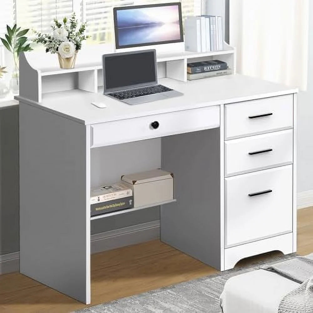 White 44" Wood Desk with 4 Drawers and Hutch M428