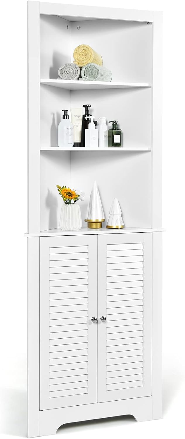 White Bathroom Corner Storage Cabinet with 3 Open Shelves O76822