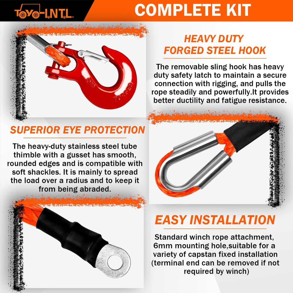 3/8" x 100ft Synthetic Winch Rope with Hook and Sleeve Protection Orange Recovery Cable Rope A804