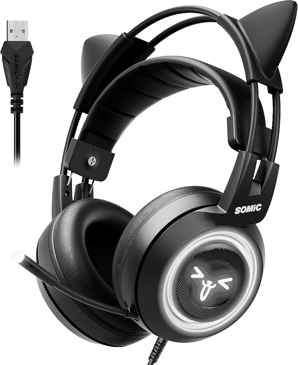 Black 7.1 Virtual Surround Sound Detachable Cat Ear Headphones, USB, Over Ear, Pack of 2 F817