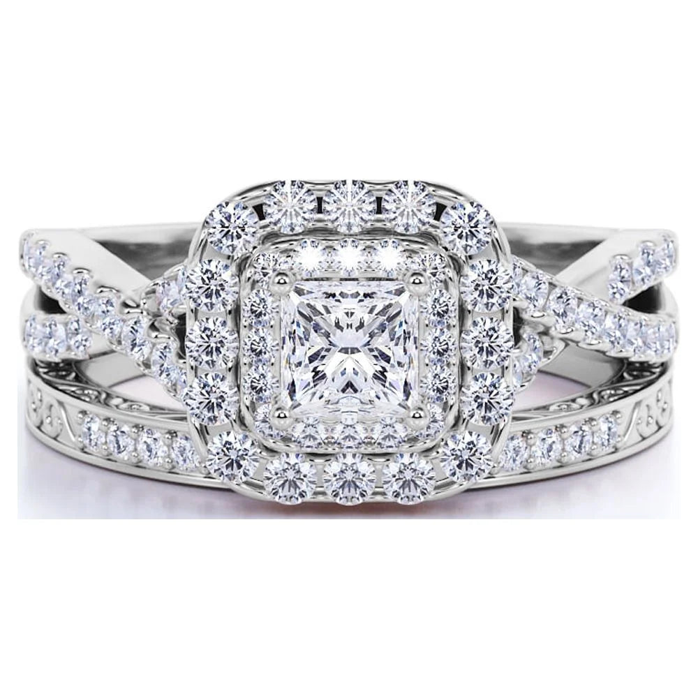 18K White Gold over Silver Moissanite Wedding Ring Set M9143
