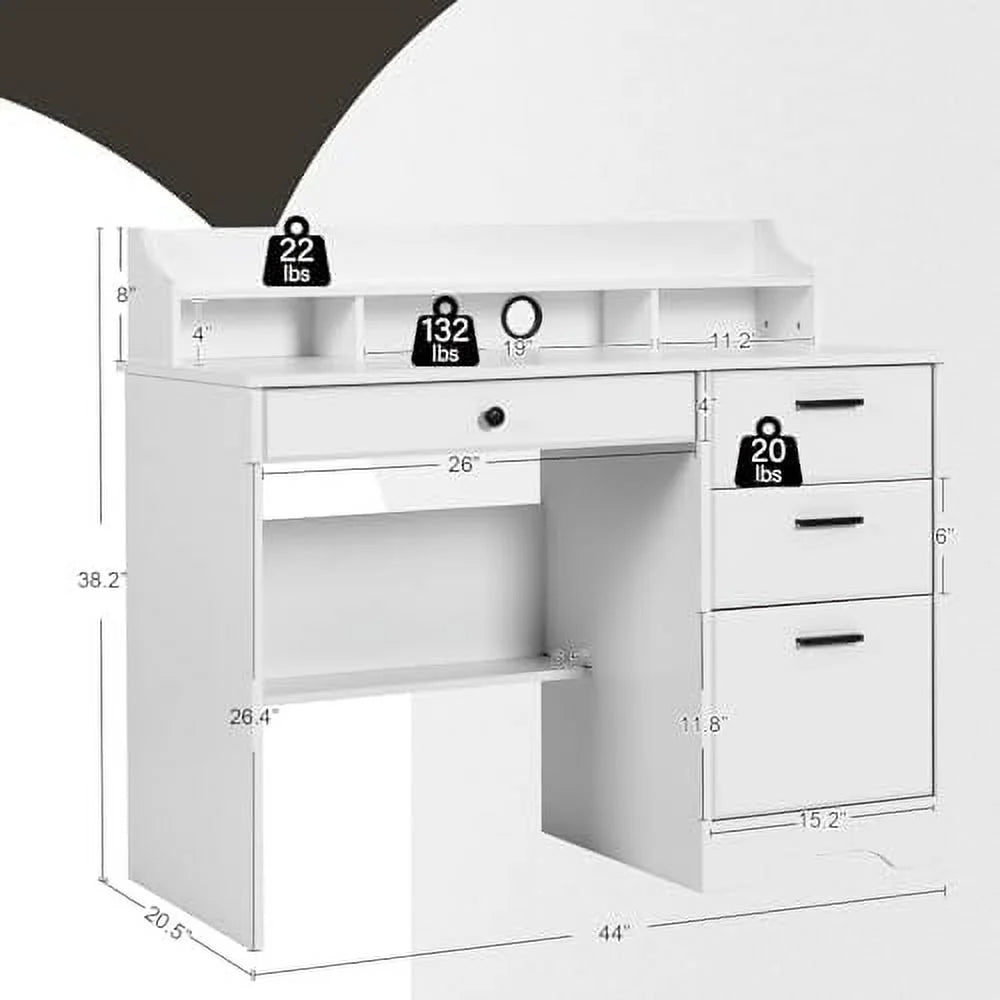 White 44" Wood Desk with 4 Drawers and Hutch M428