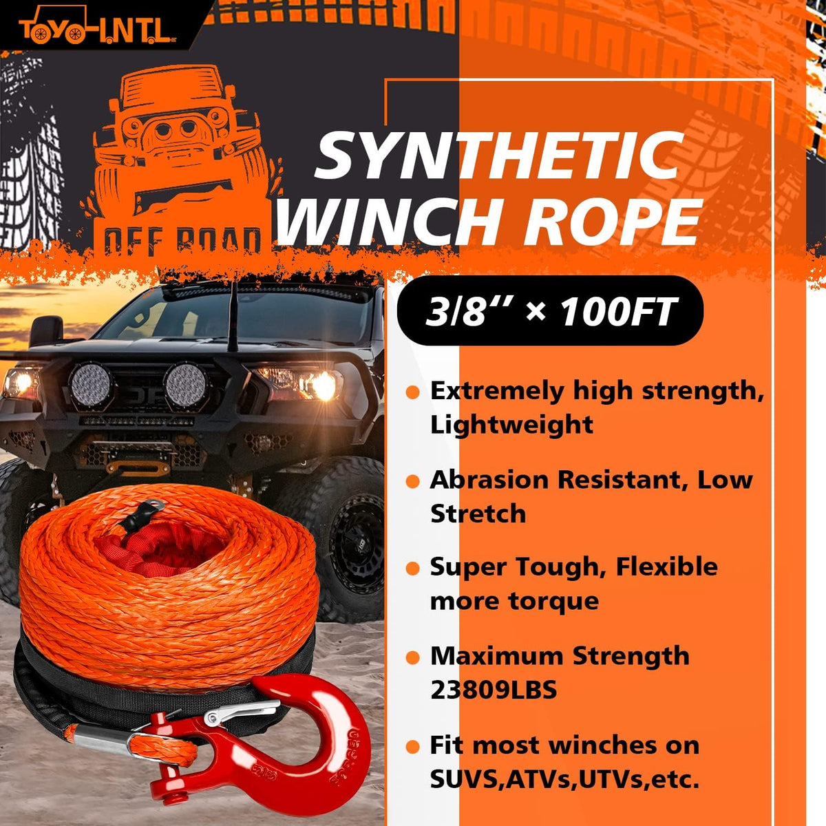 3/8" x 100ft Synthetic Winch Rope with Hook and Sleeve Protection Orange Recovery Cable Rope A804