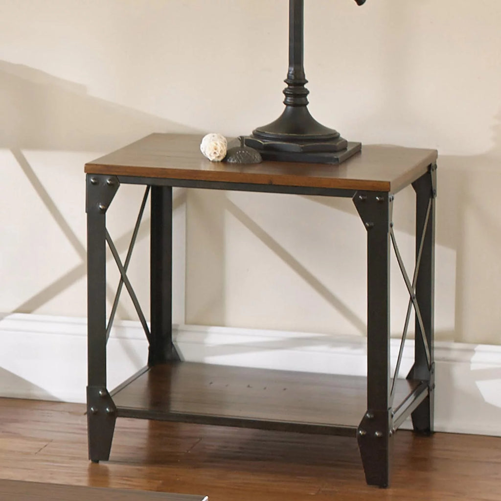 Square End Table Distressed Tobacco Brown Metal Frame D74426