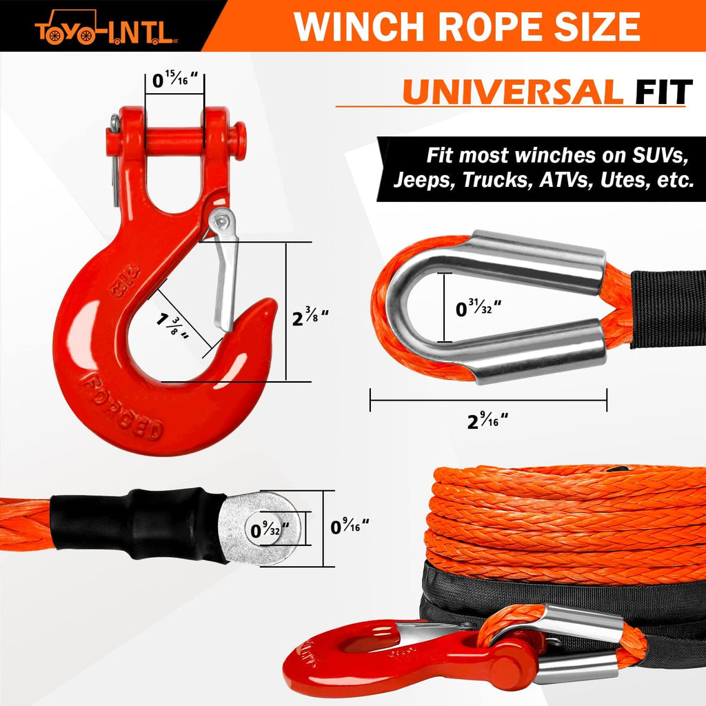 3/8" x 100ft Synthetic Winch Rope with Hook and Sleeve Protection Orange Recovery Cable Rope A804