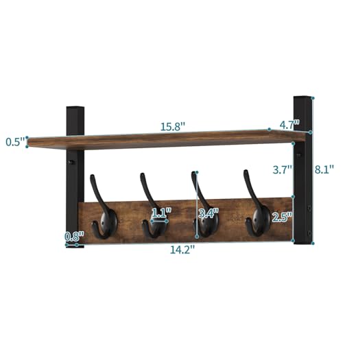 Rustic Brown Wood Coat Rack with 16 Hooks, Set of 4 H2836