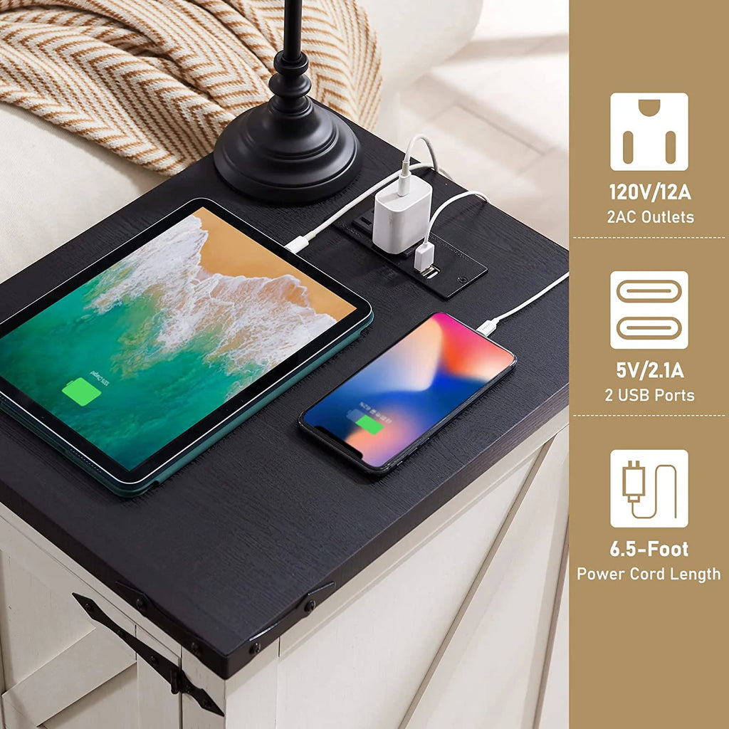 White Farmhouse Wood Nightstand with Charging Station P169275