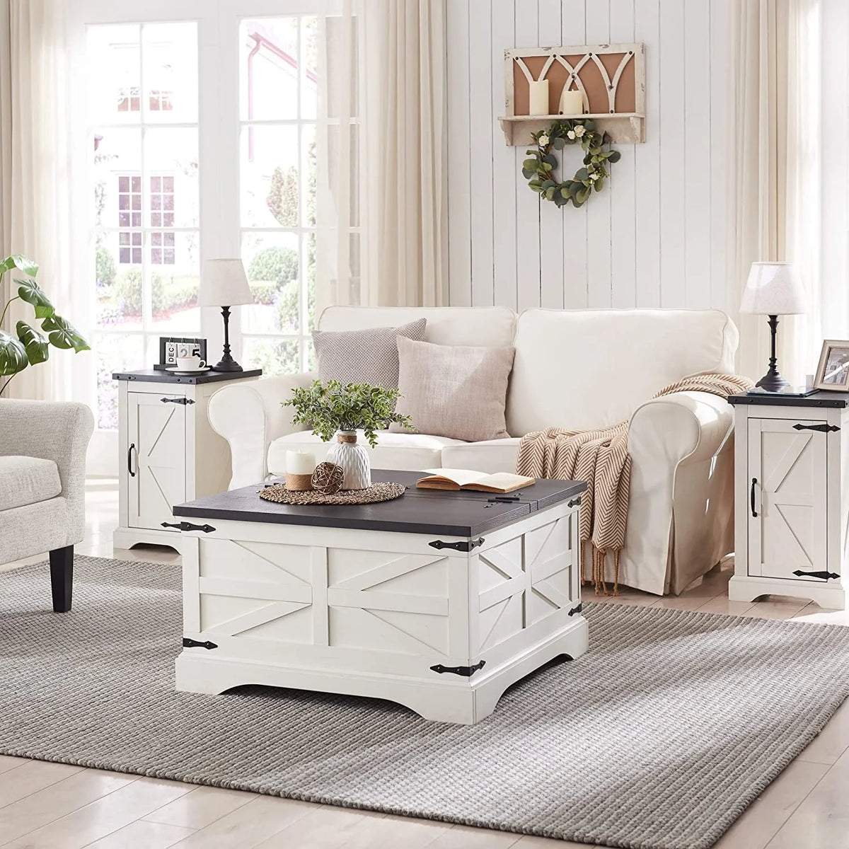 White Farmhouse Wood Nightstand with Charging Station P169275