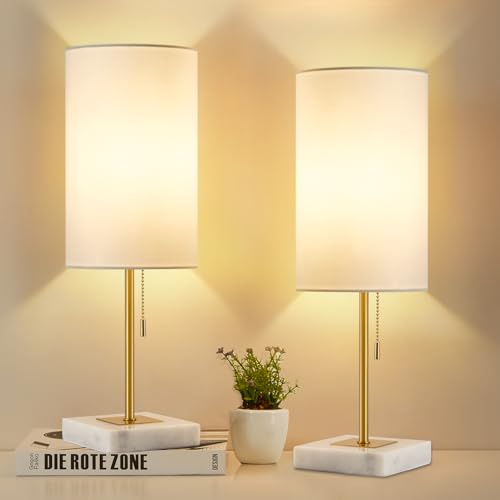 Desk Lamp & Table Lamp Set of 2, Marble Base, Fabric Shade, Gold I730100
