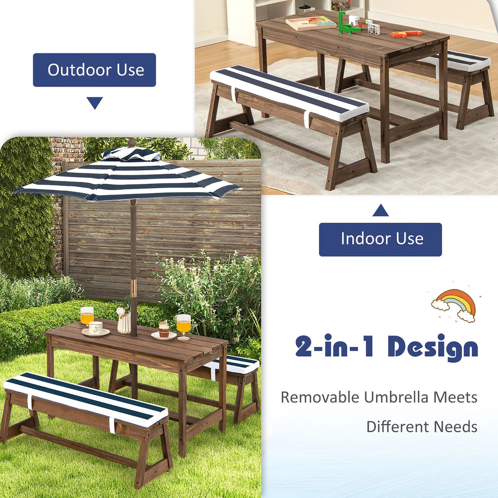 Kids Wood Picnic Table and Bench Set with Cushions Umbrella N3977