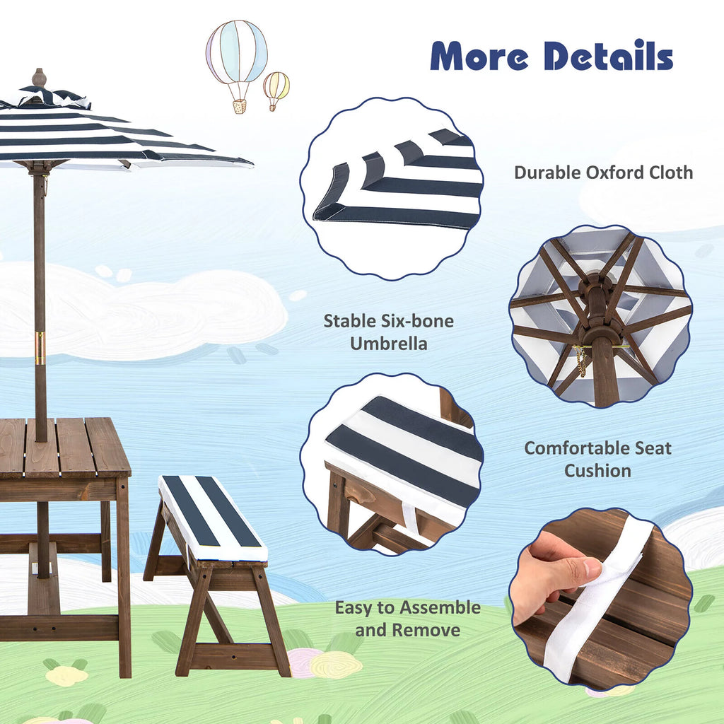 Kids Wood Picnic Table and Bench Set with Cushions Umbrella N3977