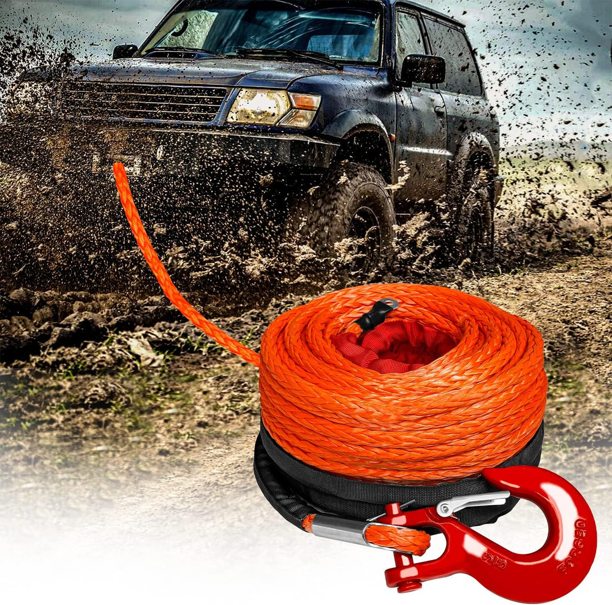 3/8" x 100ft Synthetic Winch Rope with Hook and Sleeve Protection Orange Recovery Cable Rope A804