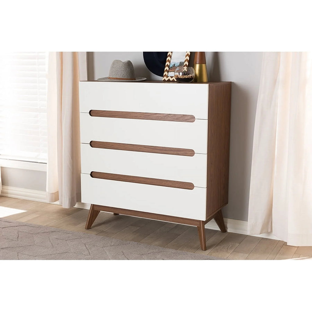 White and Walnut Wood 4-Drawer Storage Chest I2039