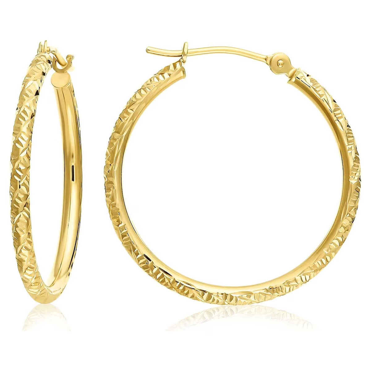 14K Yellow Gold Round Hoop Earrings with Diamond-Cut Engraving, 25mm U28802