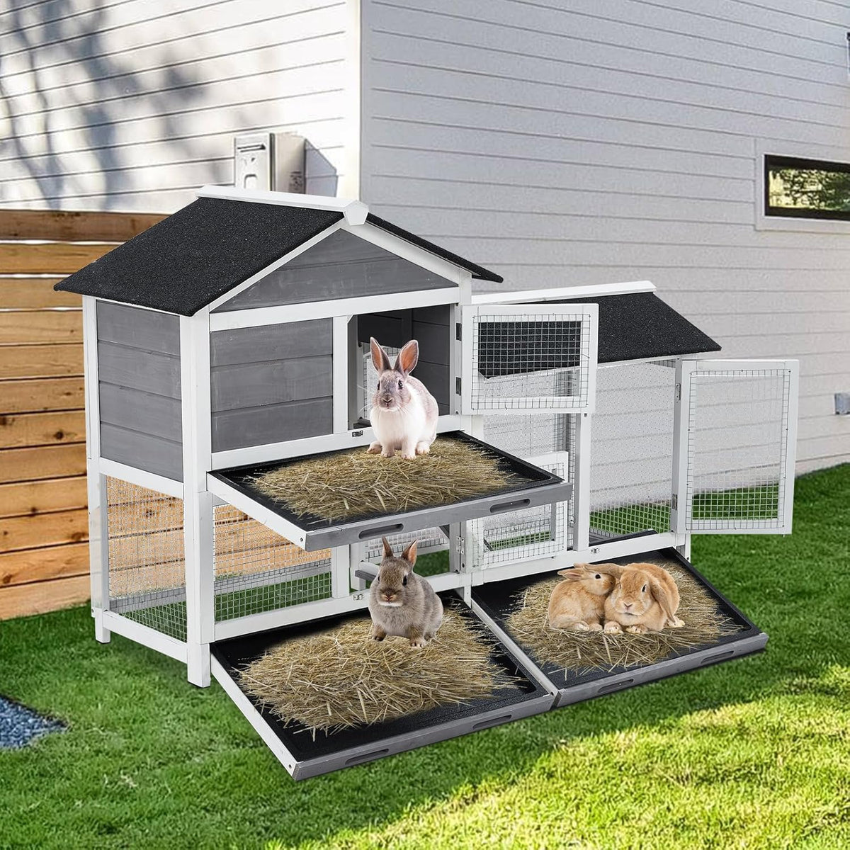 62" Wooden Waterproof Bunny Hutch Rabbit Cage Guinea Pig Coop with Stairs and Cleaning Tray V822