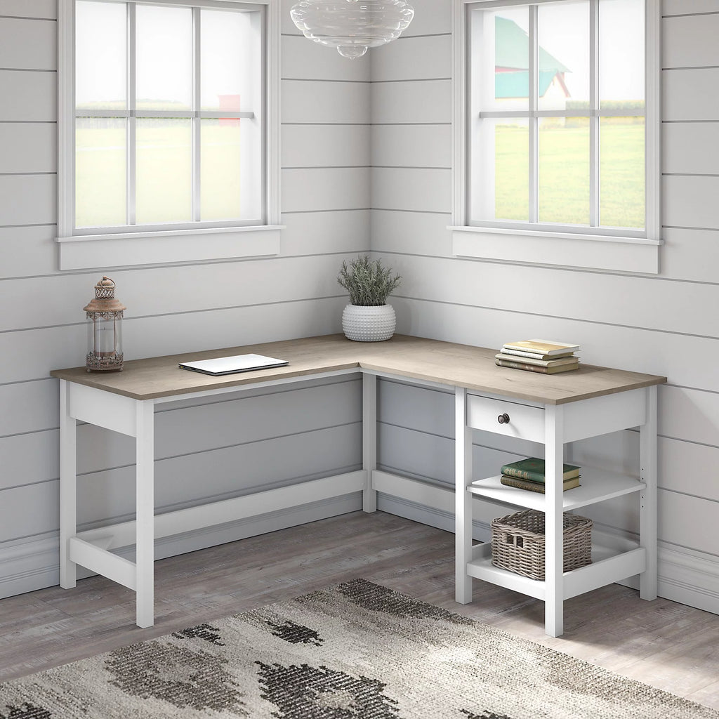 60W L Shaped Computer Desk with Storage in Shiplap Gray and Pure White R537