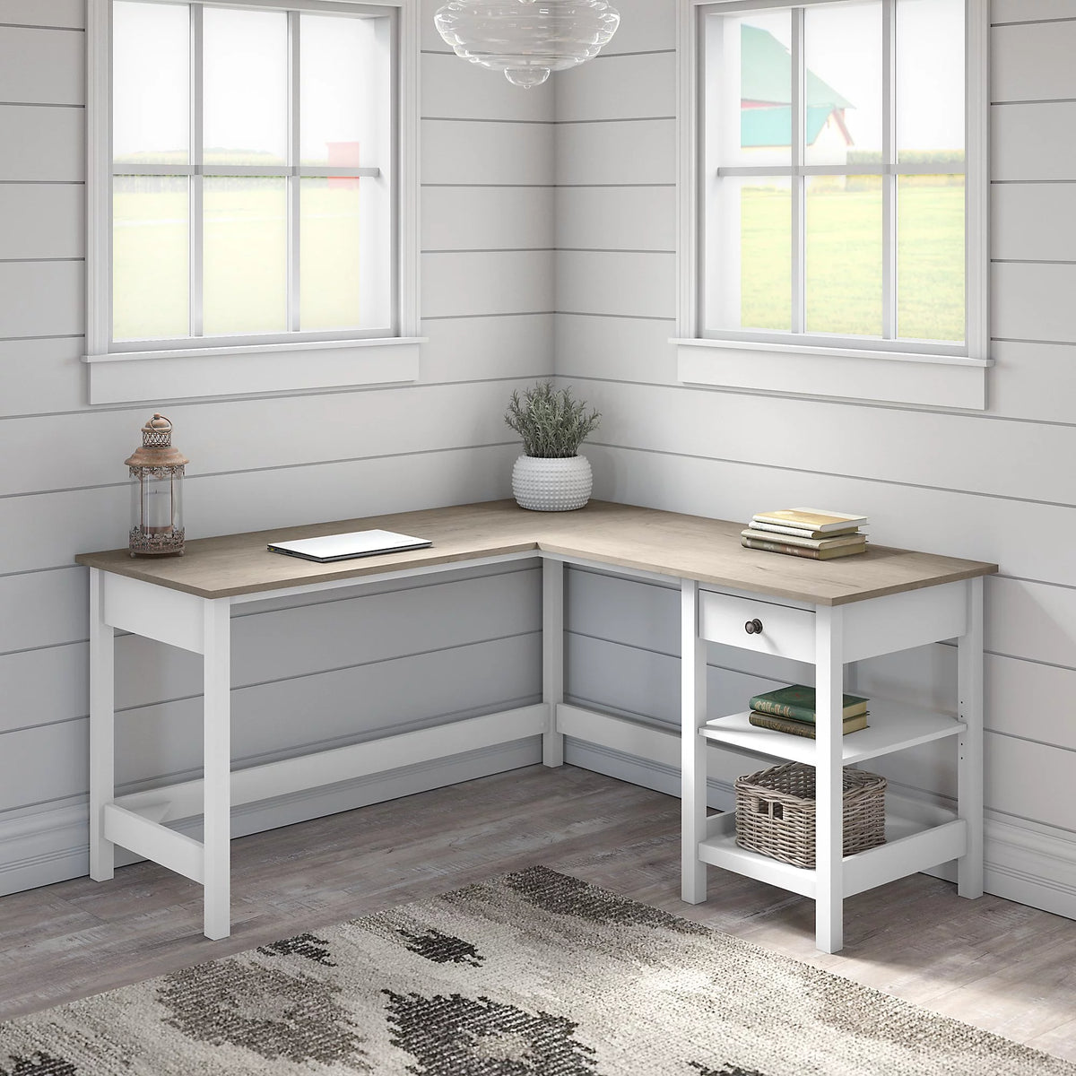 60W L Shaped Computer Desk with Storage in Shiplap Gray and Pure White R537