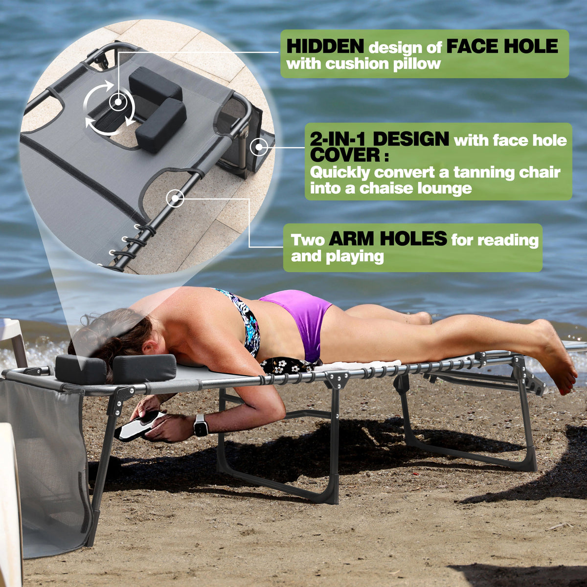 5-Position Adjustable Tanning Chair with Face & Arm Hole U85560