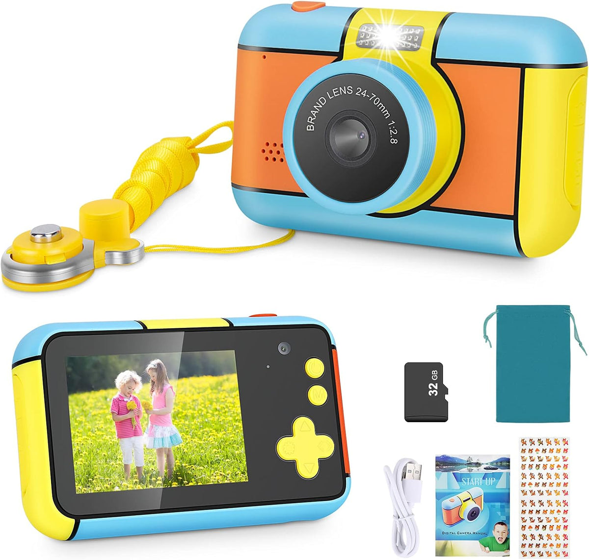 Blue and Yellow 24MP Dual Lens Kids Digital Camera with 32G SD Card M781273