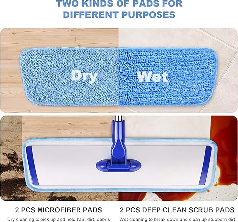 18" Microfiber Flat Mop with Stainless Steel Handle, 4 Reusable Mop Pads Y8237