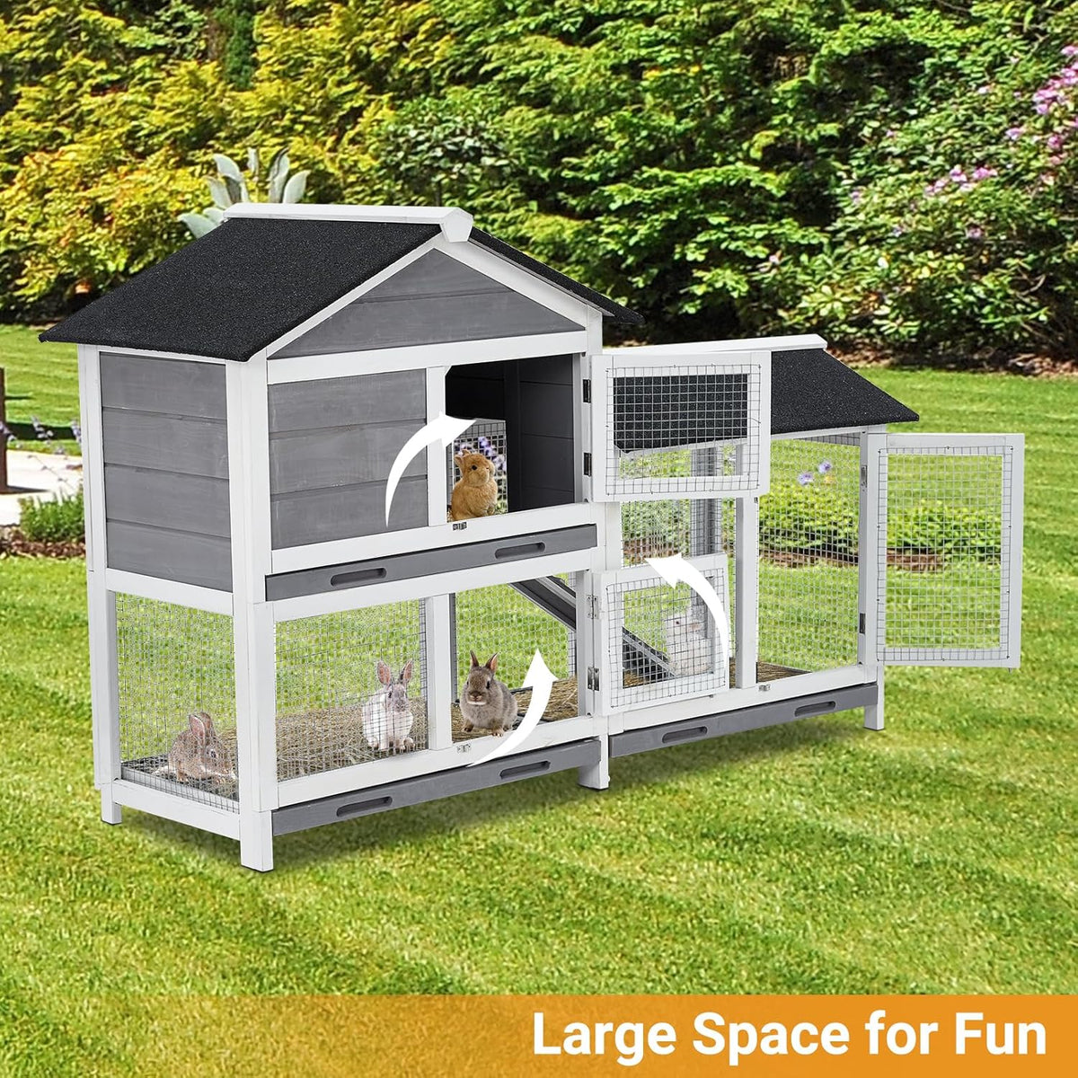 62" Wooden Waterproof Bunny Hutch Rabbit Cage Guinea Pig Coop with Stairs and Cleaning Tray V822