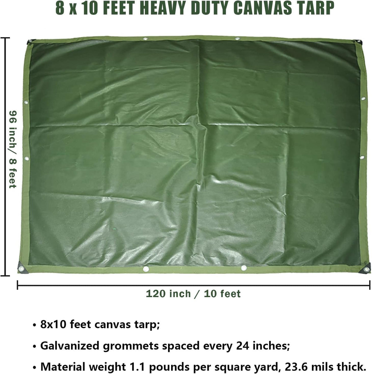 Green 6 x 8 Feet Waterproof Canvas Tarp with Rust Grommets D532