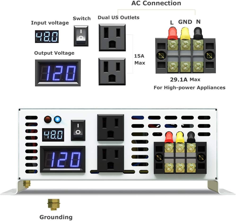 3500W Pure Sine Wave Power Inverter DC 48V to 110V 120V AC with Dual Outlets G519