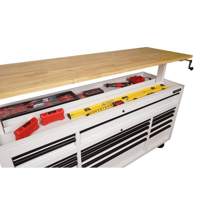 72 in. Heavy Duty Matte White Mobile Workbench Cabinet with Wood Top G229