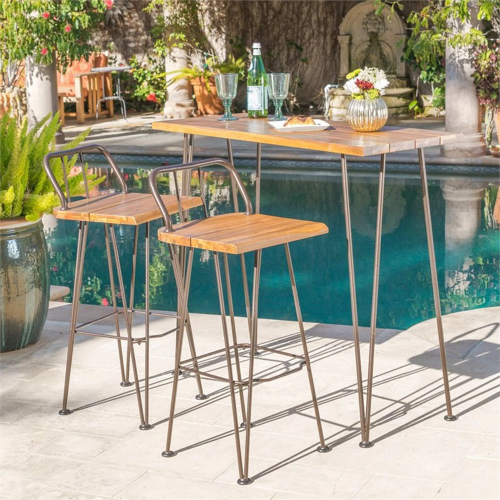 Teaked Acacia Wood Bar Set with Metal Iron Frame H38183