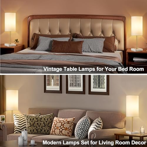 Desk Lamp & Table Lamp Set of 2, Marble Base, Fabric Shade, Gold I730100