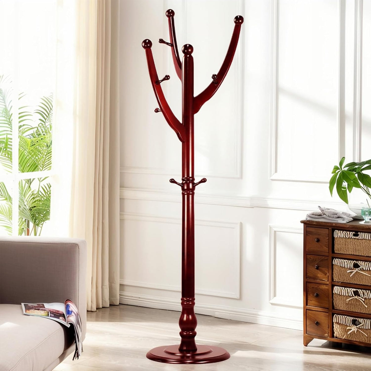Freestanding Wood Coat Rack with 11 Hooks J93574