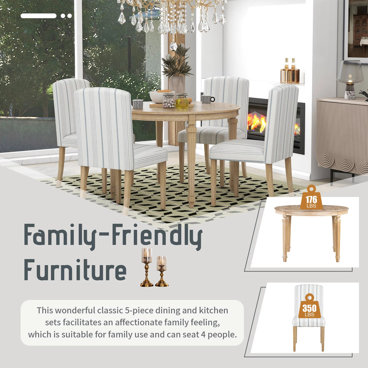 Round Dining Table Set for 4, 5-Piece Solid Wood V20389