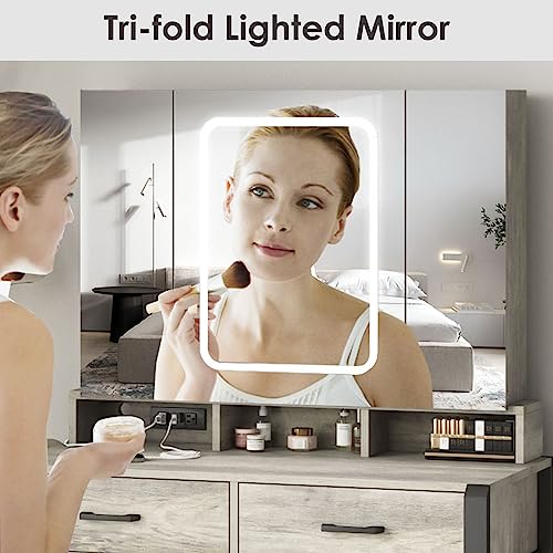 Vanity Desk with Lighted Tri-Fold Mirror and 2 Drawers R205348