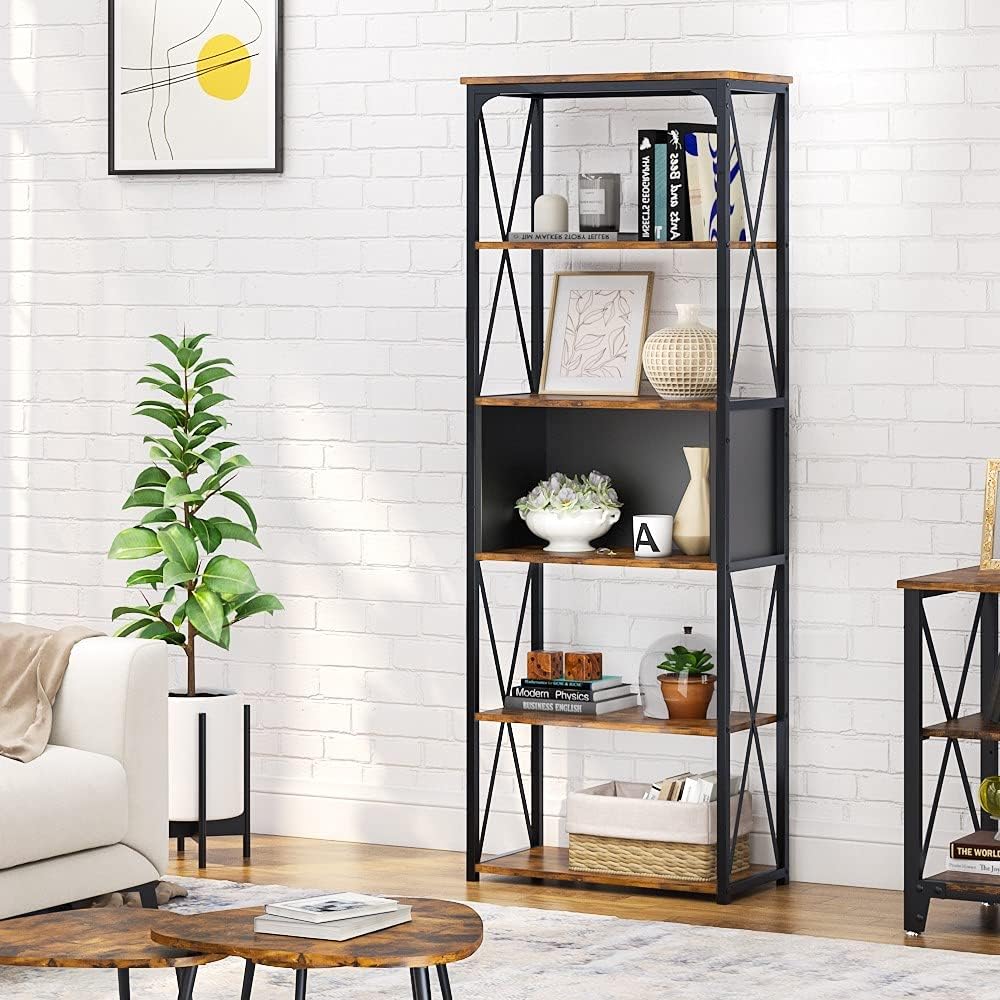 Rustic Brown and Black 5 Tier Bookshelf E24110